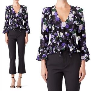 Marissa Webb Purple Blossom 100% Silk V neck Ruffle Peplum Blouse